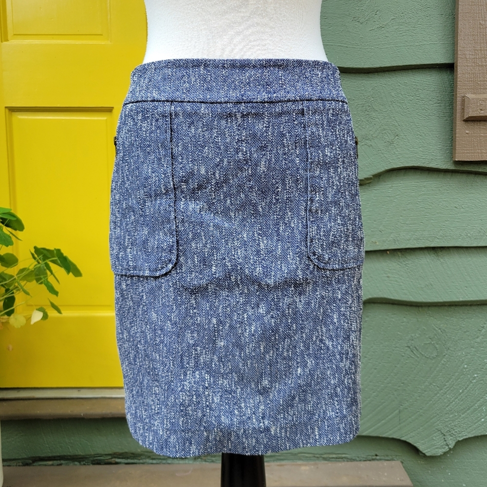 Ann Taylor Blue Knit Pencil Skirt Size 8 Zip Back EUC Tweed Workwear Classic